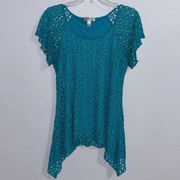Dressbarn Turquoise Crochet Lace Tunic Top Womens Medium Lined Short Sleeve Boho - Picture 1 of 6